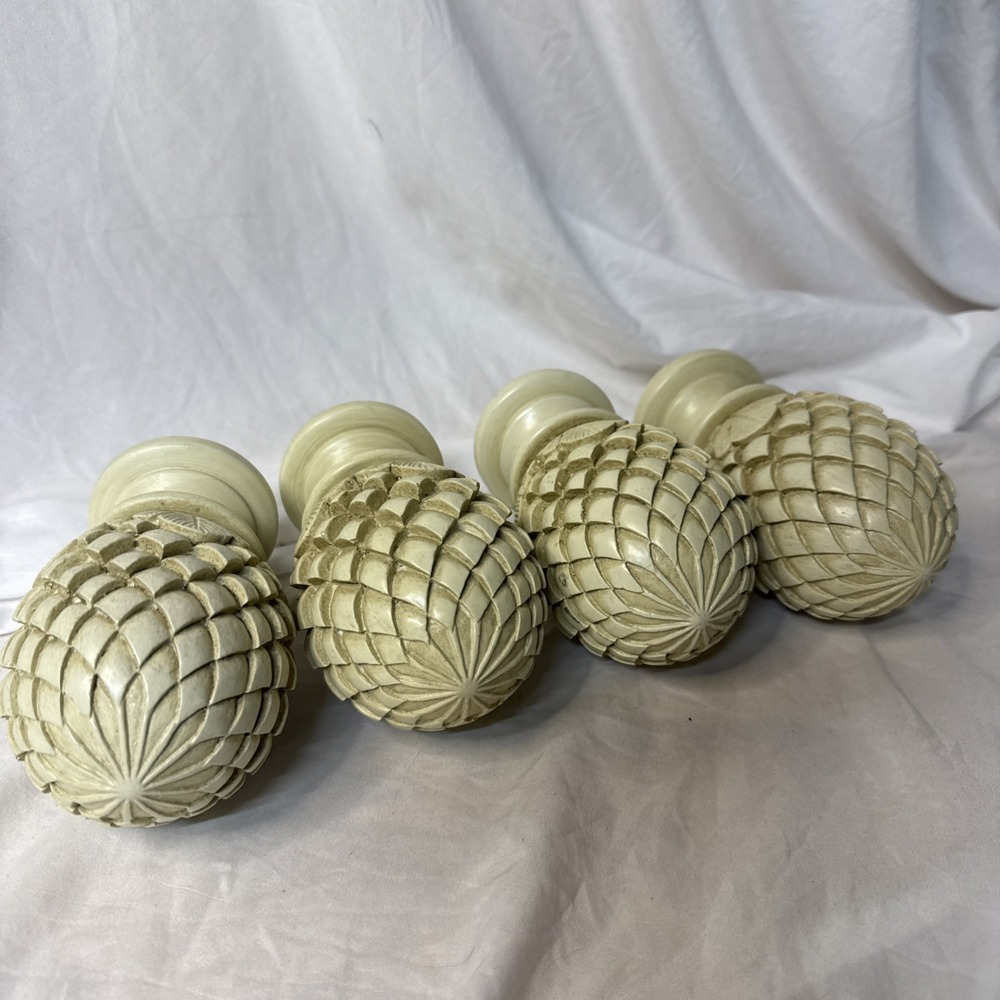 4 FRENCH Country HEAVY PINEAPPLE Acorn FINIALS Ivory Posts 6" Curtain Bed Topper